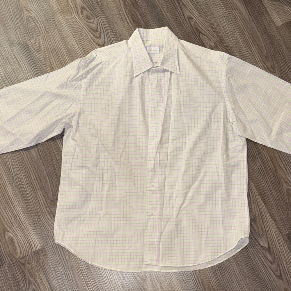 Brioni Green and Pink Checkered Dress Shirt